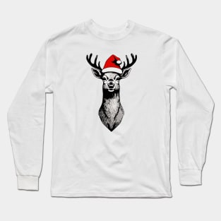 Christmas Deer with Santa Hat Long Sleeve T-Shirt